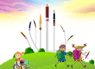 Flying pen with happy school going students wallpaper.