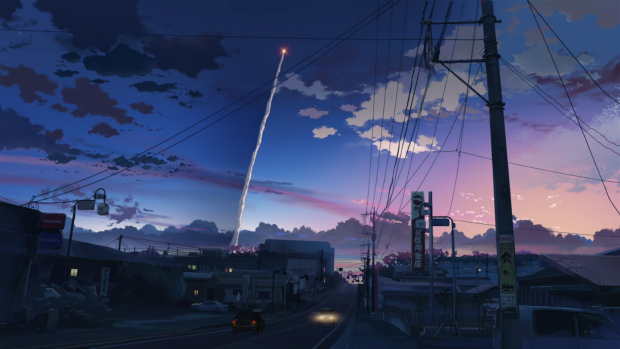 HD 5 centimeters per second anime contrails makoto shinkai night power lines roads vehicles.