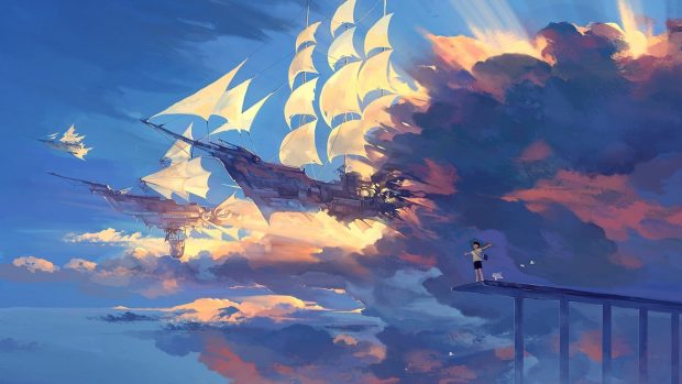 Hanyijie sky scenery ship anime art 1920x1080.