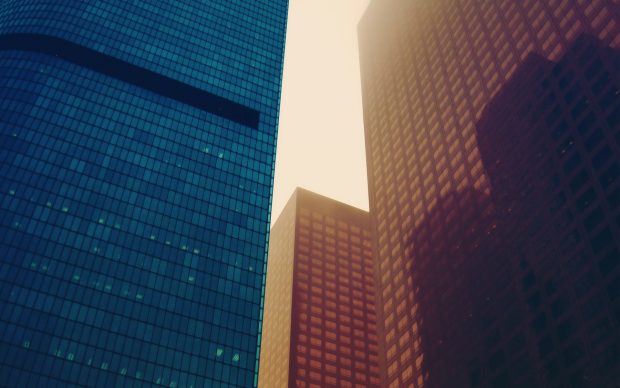 Orange and blue buildings.