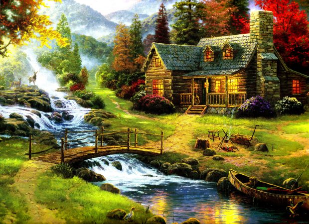 Thomas kinkade painting nature forest home high contrast hd wallpaper.