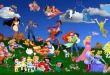 Colorful Disney princess characters and animated fairy tale figures on a grassy hill with a bright blue sky and clouds.