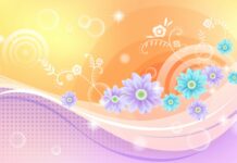 Colorful floral abstract background with purple and blue flowers and swirling patterns in pastel shades.