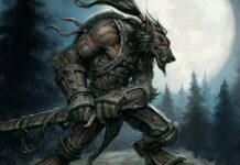 Fantasy wolf warrior in armor under full moon in dark forest.