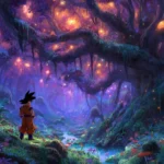A mystical forest where Goku trains, illuminated by magical lights, greatly enhancing the beauty of a Dragon Ball Z backdrop.