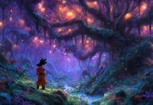 A mystical forest where Goku trains, illuminated by magical lights, greatly enhancing the beauty of a Dragon Ball Z backdrop.