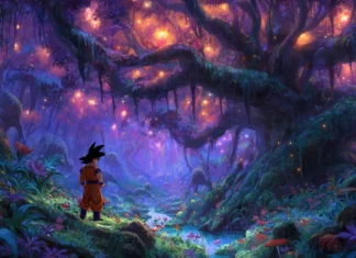 A mystical forest where Goku trains, illuminated by magical lights, greatly enhancing the beauty of a Dragon Ball Z backdrop.