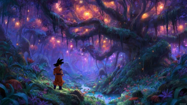 A mystical forest where Goku trains, illuminated by magical lights, greatly enhancing the beauty of a Dragon Ball Z backdrop.