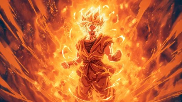 Cool Goku transforming into Super Saiyan, surrounded by a fiery aura and energy waves that radiate throughout the background.
