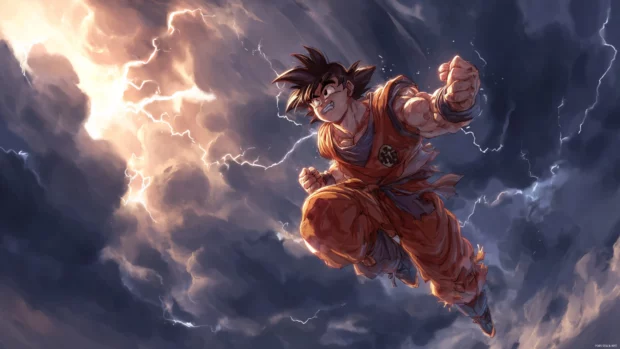 Goku in an action pose against a stormy sky, capturing the thrill and intensity of his battles in an impressive Dragon Ball Z wallpaper.
