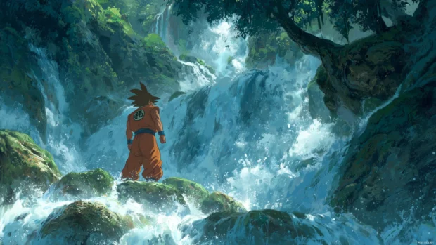 High resolution image of Goku training under a waterfall, showcasing the beauty of nature intertwined with the Dragon Ball Z universe.