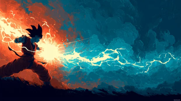 Stylized image of Goku charging up his Kamehameha wave, creating an electrifying ambiance, perfect for a desktop background.