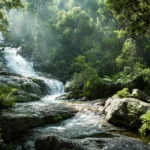 4k waterfall wallpaper capturing multiple tiers of water dropping through lush valley with rainbow flare.