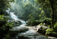 4k waterfall wallpaper capturing multiple tiers of water dropping through lush valley with rainbow flare.