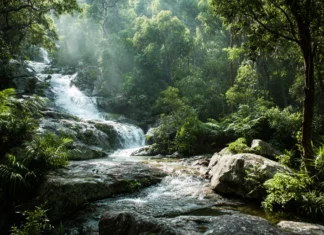 4k waterfall wallpaper capturing multiple tiers of water dropping through lush valley with rainbow flare.
