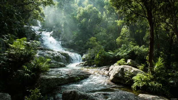 4k waterfall wallpaper capturing multiple tiers of water dropping through lush valley with rainbow flare.