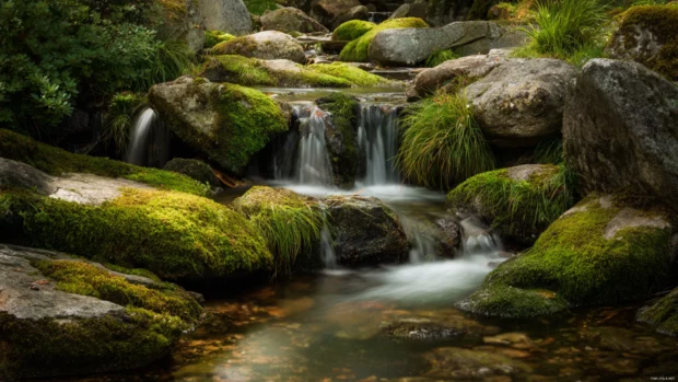 A dreamy waterfall background hd captured with long exposure to create silky water effect and vibrant mossy stones.