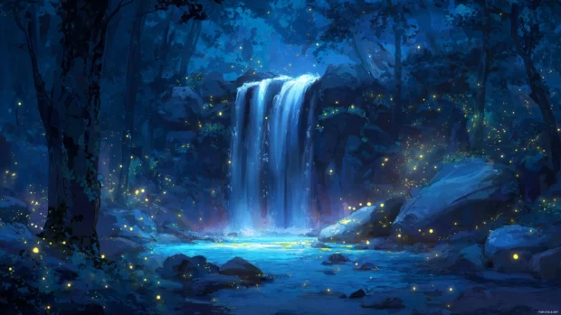 A magical night scene where the Waterfall shimmers under the moonlight, surrounded by glowing fireflies and deep blue shadows.