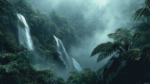 A remote waterfall background hd enveloped by dense rainforest and gentle mist swirling around ferns.