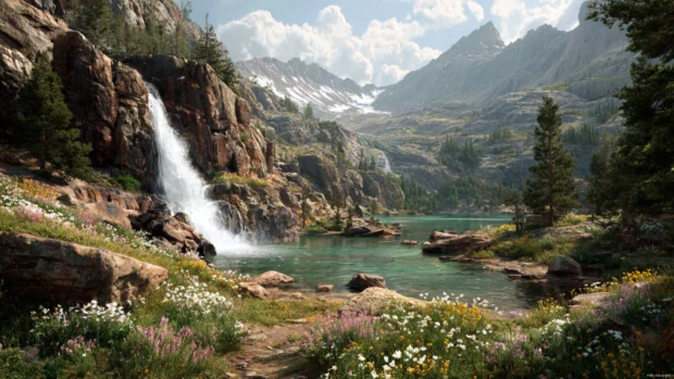 A serene mountain landscape where a grand Waterfall flows into a crystal clear lake surrounded by rocks and wildflowers.
