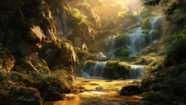 A vibrant waterfall scenery desktop wallpaper with layered falls in a jungle canyon illuminated by golden hour light.