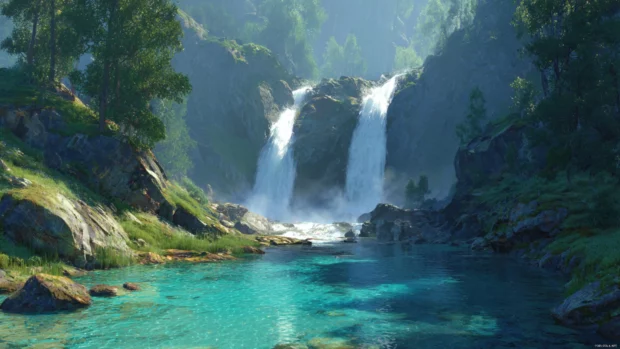 Soft morning light over a majestic waterfall desktop wallpaper cascading into a crystal blue pool surrounded by lush greenery.