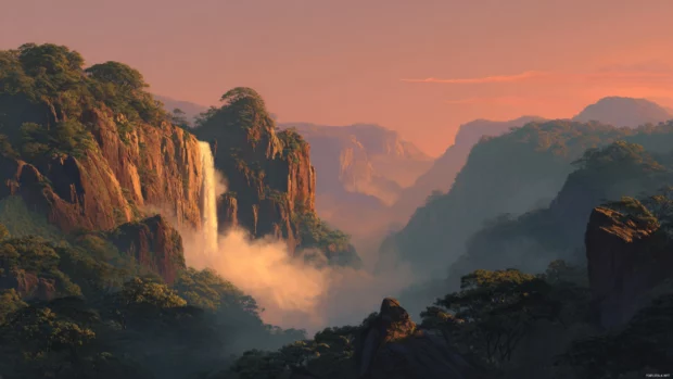 Under a golden sunset, the Waterfall glows as mist rises into the warm sky, blending beautifully with the surrounding cliffs.