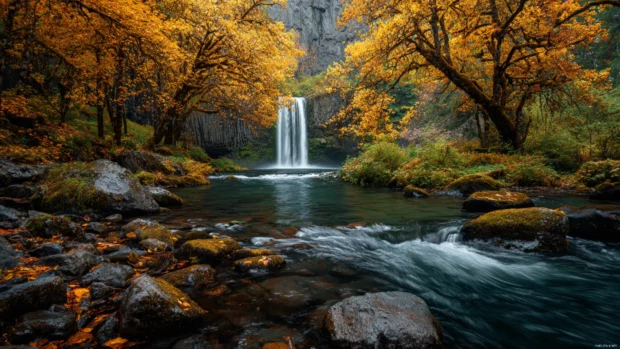 Waterfall 4k wallpaper featuring a wide panorama of twin falls framed by autumn foliage and smooth flowing water.