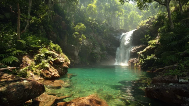 Waterfall pc wallpapers scene with tropical waterfall plunging over rocks into emerald pool, soft mist rising.