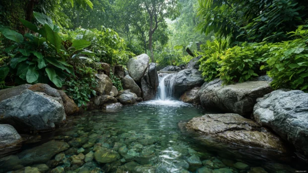 Waterfall splashing gently over smooth stones in a tranquil jungle oasis, vibrant greenery framing the refreshing scene.