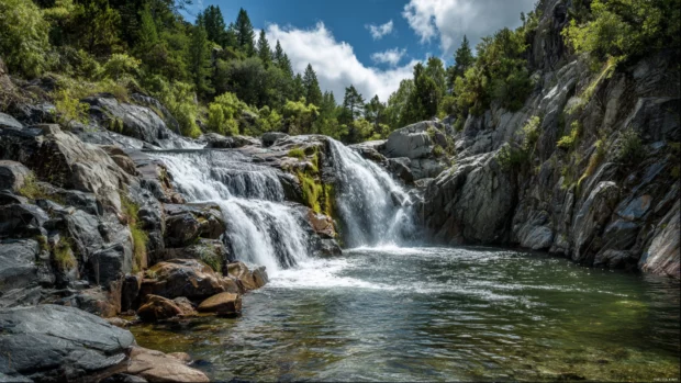 Waterfall wallpaper high quality with sharp details of rushing white water over rocky ledges against clear sky.