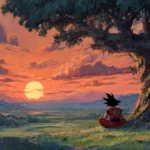 A peaceful Dragon Ball Z landscape with Goku sitting under a tree gazing at the sunset after an intense fight.
