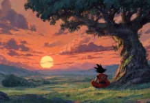 A peaceful Dragon Ball Z landscape with Goku sitting under a tree gazing at the sunset after an intense fight.