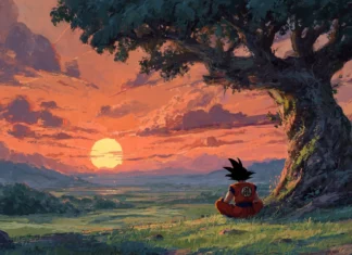 A peaceful Dragon Ball Z landscape with Goku sitting under a tree gazing at the sunset after an intense fight.