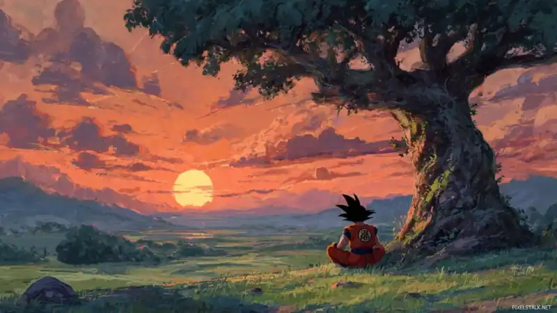A peaceful Dragon Ball Z landscape with Goku sitting under a tree gazing at the sunset after an intense fight.