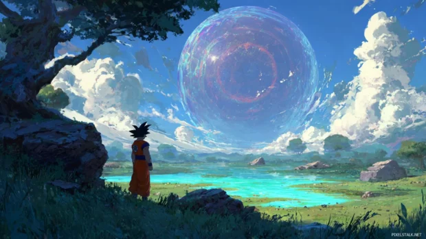Aesthetic Goku desktop wallpaper combining serene landscape and Goku spiritual energy orb.
