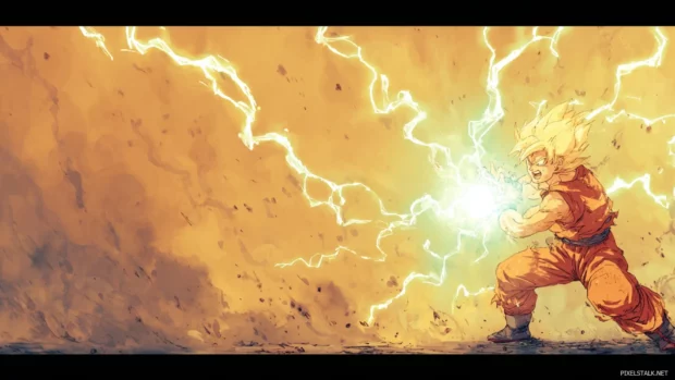 An intense Dragon Ball Z scene showing Goku charging a Kamehameha blast with lightning and explosive energy.