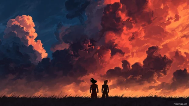 Classic DBZ desktop backgrounds style capturing Goku and Vegeta facing off under dramatic sky.