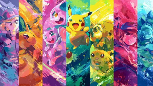 Colorful Pokemon wallpapers bursting with vibrant hues, showcasing iconic characters in playful poses, perfect for desktop backgrounds.