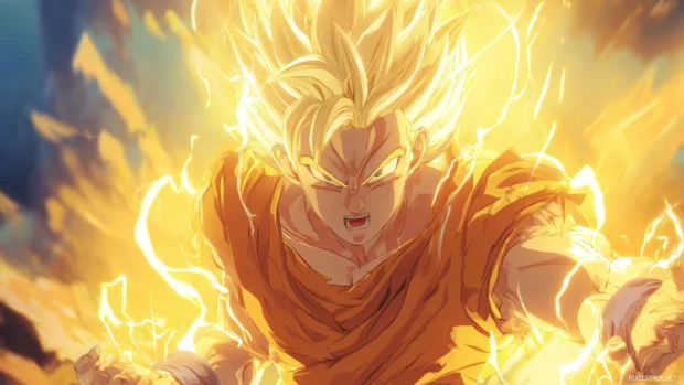 Dragon Ball Z epic battle featuring Goku in Super Saiyan form with glowing golden aura and powerful energy waves.