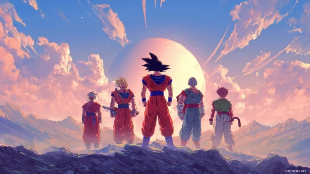 Dragon Ball Z heroes standing together with Goku at the center, surrounded by mountains and a brilliant blue sky.