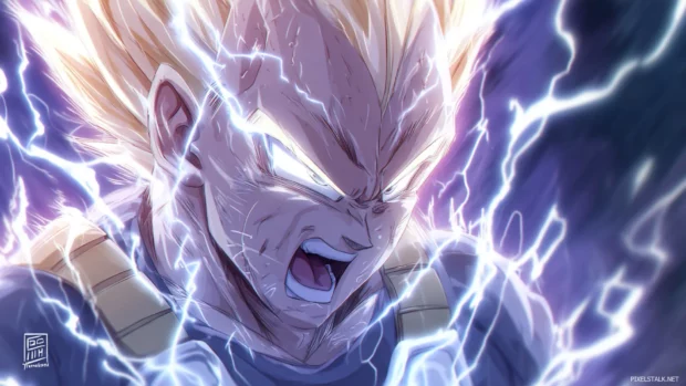 Epic Super Saiyan desktop background showing Vegeta powering up with dynamic lightning effects.