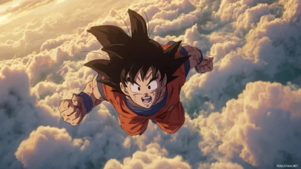 Goku from Dragon Ball Z flying high above the clouds with fierce determination and the world beneath him.