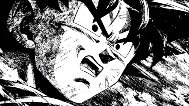High contrast Dragon Ball Z HD desktop wallpaper emphasizing bold comic line art of Goku mid‑battle.