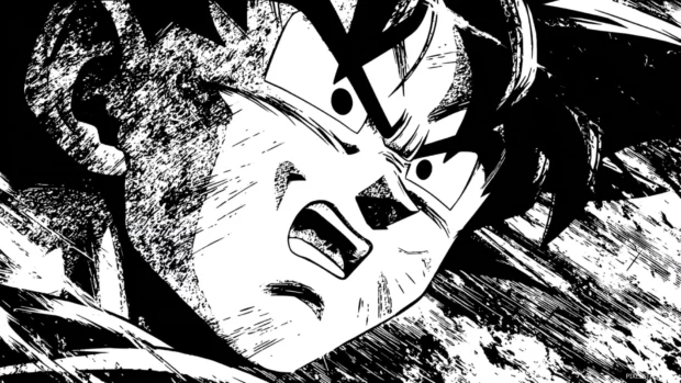 High contrast Dragon Ball Z HD desktop wallpaper emphasizing bold comic line art of Goku mid‑battle.