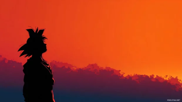 Minimalist Dragon Ball Z 4K wallpaper featuring Goku silhouette against vibrant sunset gradient.