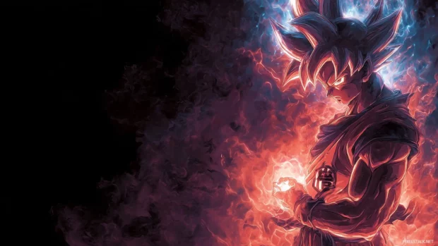 Mysterious Dragon Ball Z desktop wallpaper with swirling energy aura around Goku in ultra high detail.
