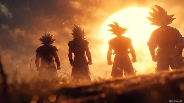 Realistic 4K DBZ desktop background portraying Dragon Ball Z characters in cinematic lighting scene.