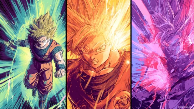 Vibrant DBZ desktop backgrounds inspired by cell shading featuring Super Saiyan transformation burst.