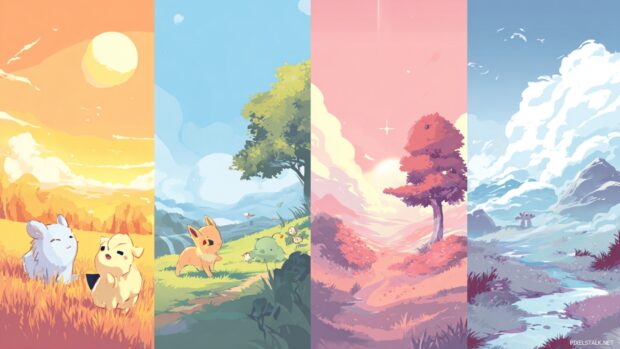 A charming collection of Cute Pokemon HD Wallpaper featuring adorable creatures in captivating landscapes, perfect for any Pokemon lover.